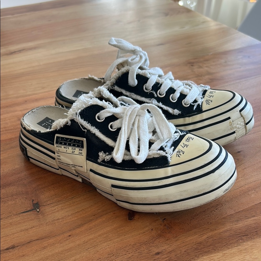xVESSEL G.O.P Peace by Peace black and white mule slip on W7/M5 with raw edge